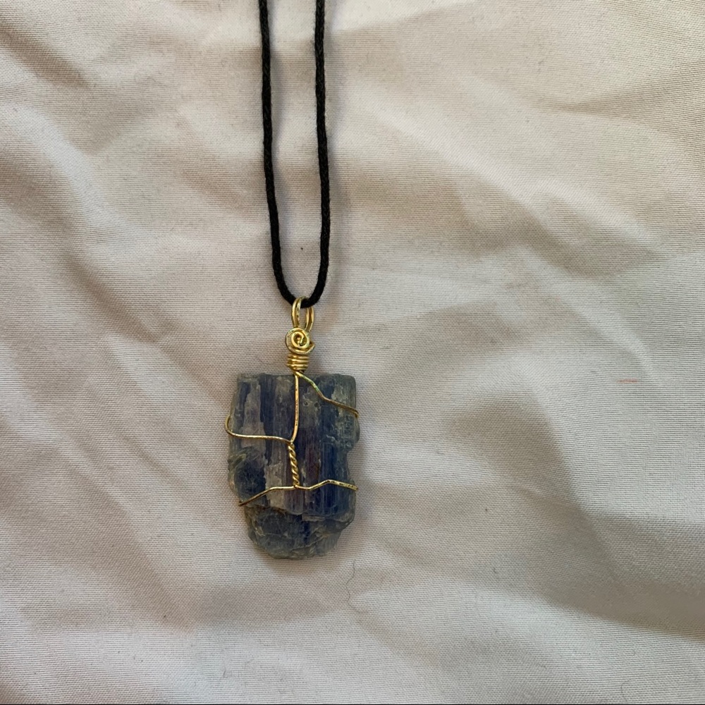 Blue kyanite crystal wire wrapped necklace